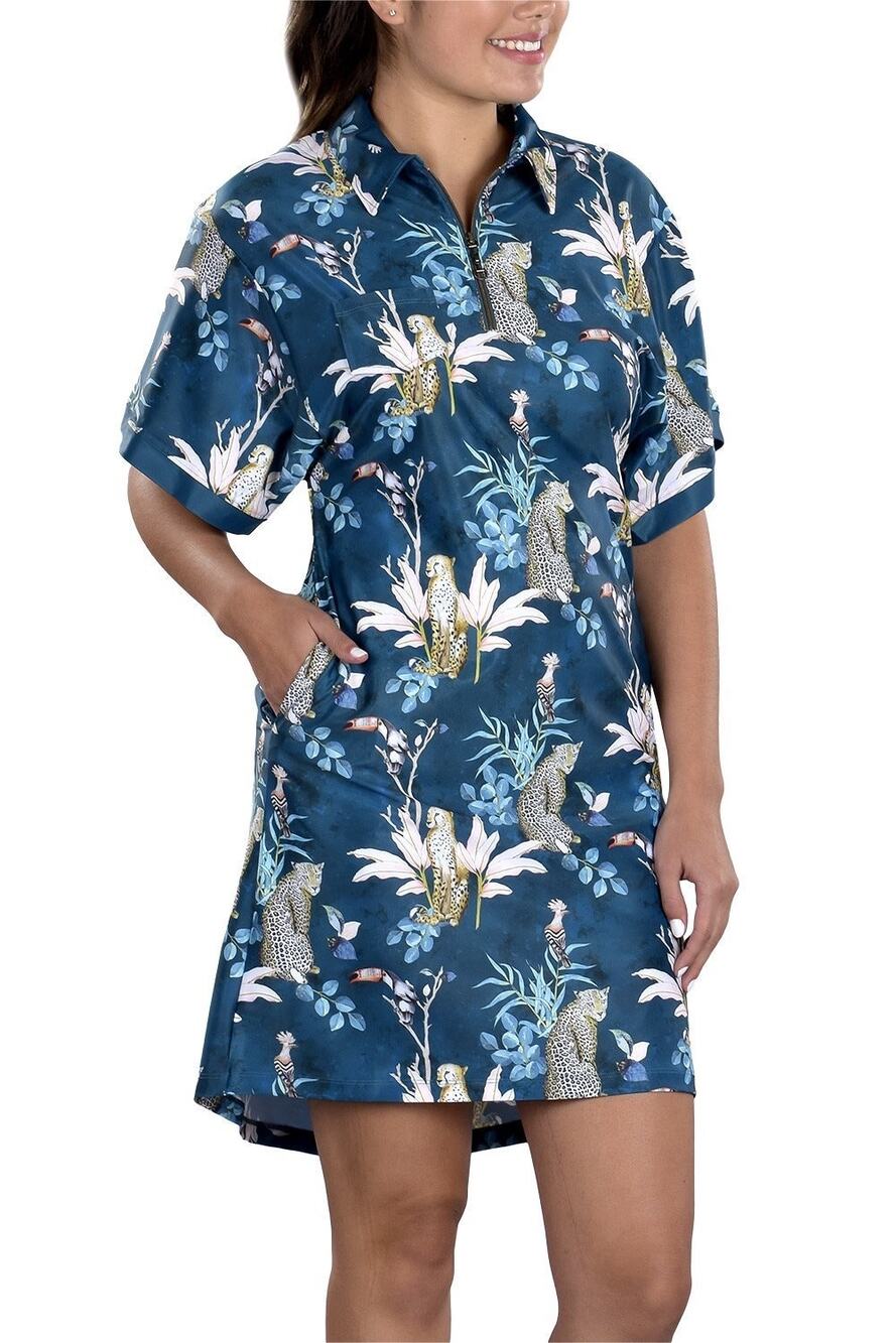 SwingDish Nala Golf Dress M Teal Cheetah Toucan Tropical Golfcore Resort Stretch